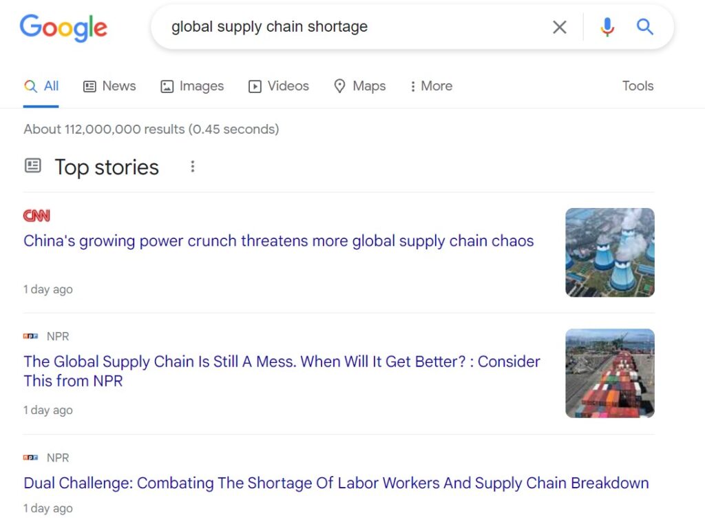 Screenshot of news footage on global supply chain shortages