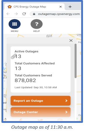 Screenshot of Outage map showing 13 active outages, 13 customers affected, 878,082 customers served