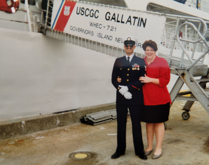 Image of Charles Brey with his wife Debora in front of the USCGC Gallatin