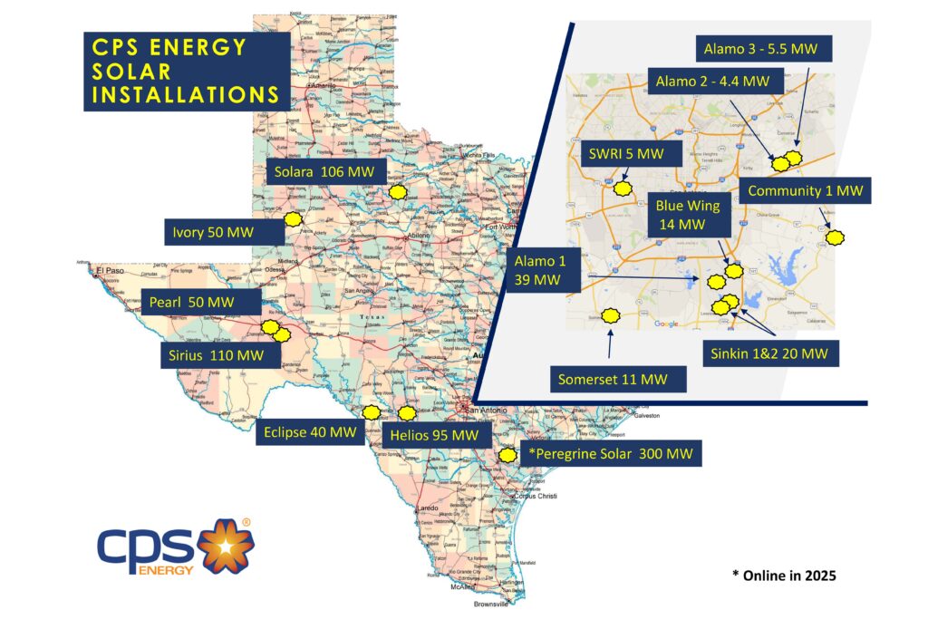 A map of the solar farms CPS Energy currently purchases power from.