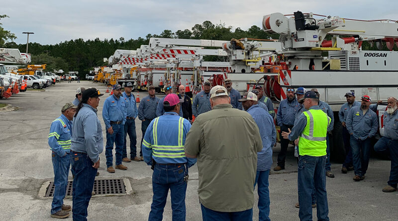 Photo of CPS Energy Crews getting ready to leave Jacksonville to head to Lakeland, FL