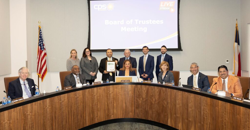 A photo of CPS Energy board of trustees and team posing with RP3 Award